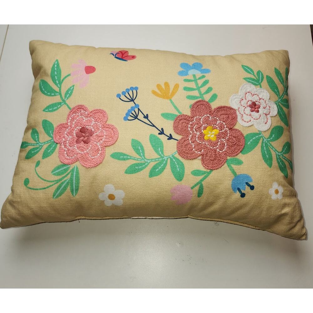Spritz Lumbar Floral Embroidered and printed Spring Cottage Throw Pillow 18x12